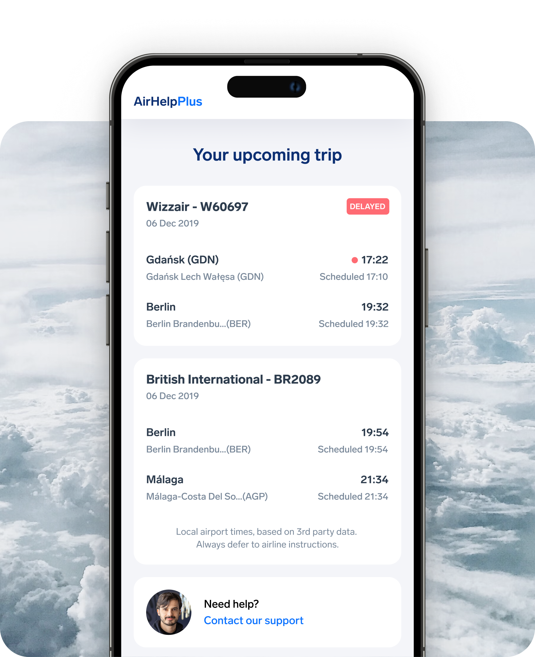 AirHelp Plus trip dashboard with live flight status