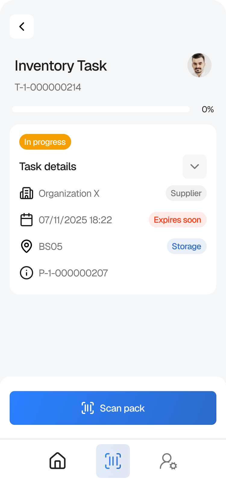 Transipal inventory task mobile screen