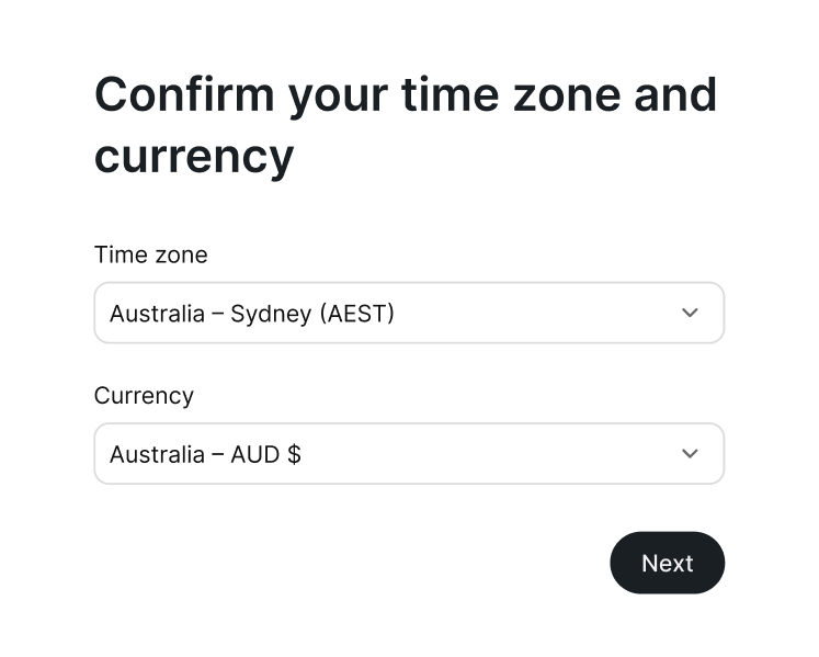 Setmore onboarding step two: time zone and currency